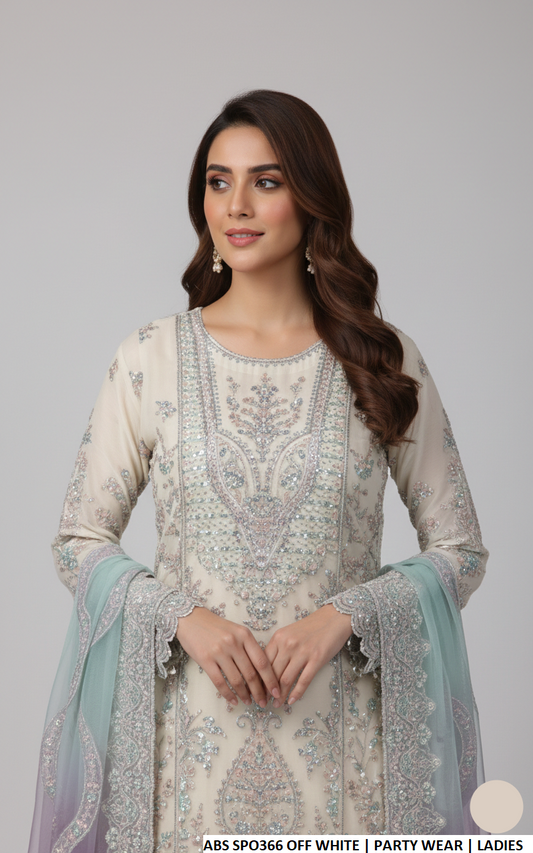 Chiffon straight shirt plazo off white - Pakistani women's formal party wear with grip plazo and organza dupatta front view