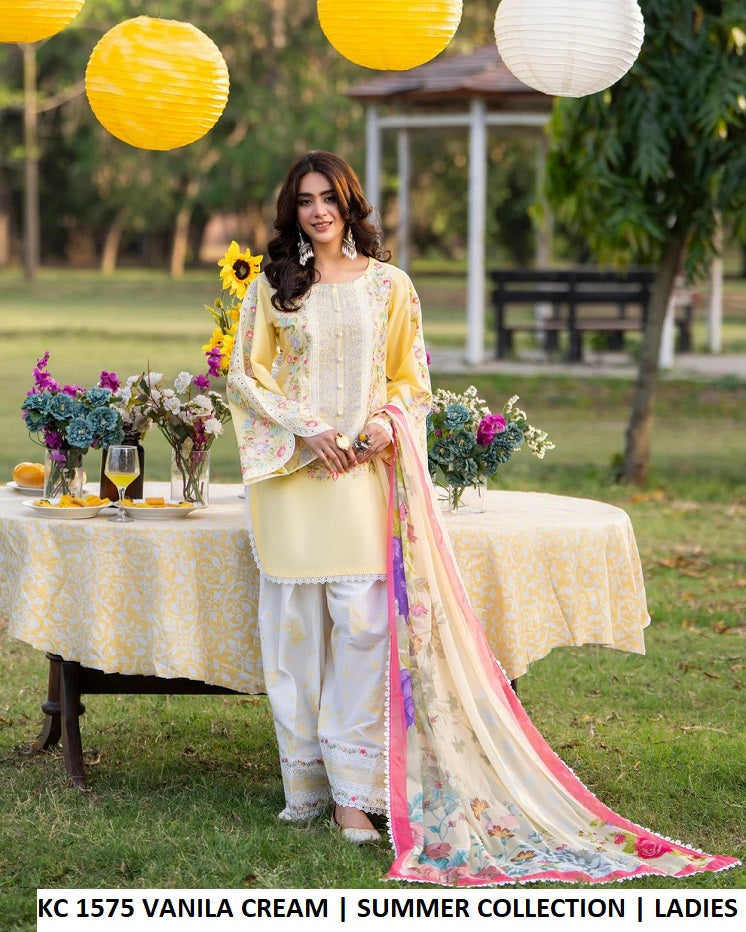 KC Sunehri 1575 Vanilla Cream - Vanilla Cream Embroidered 3-Piece Women's Pakistani Suit