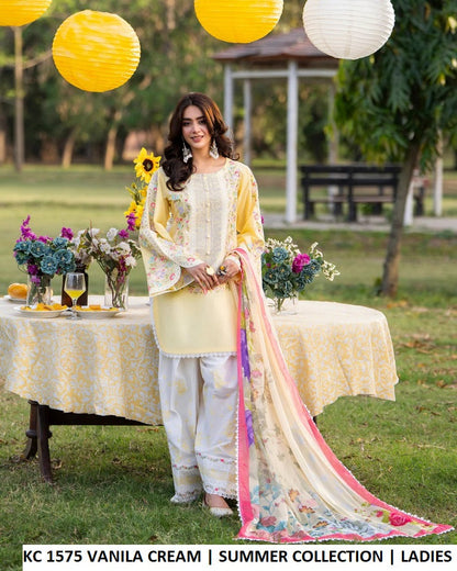 KC Sunehri 1575 Vanilla Cream - Vanilla Cream Embroidered 3-Piece Women's Pakistani Suit