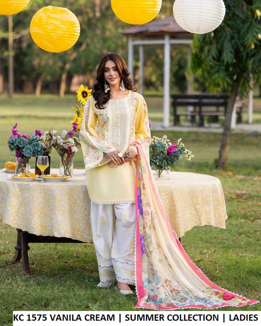 KC Sunehri 1575 Vanilla Cream - Vanilla Cream Embroidered 3-Piece Women's Pakistani Suit