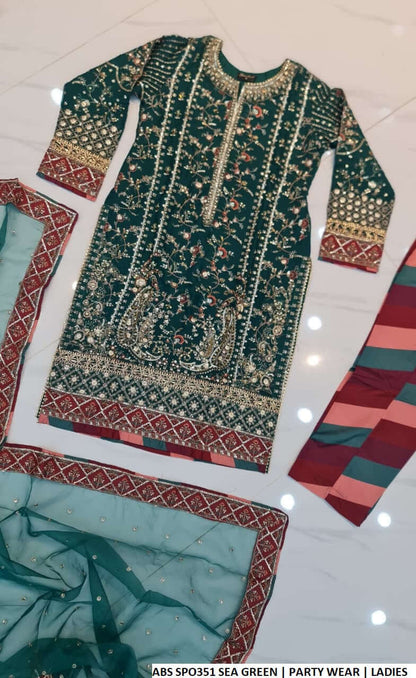 Pakistani women's sea green chiffon straight shirt back view