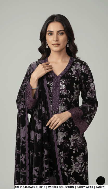 Pakistani women's dark purple velvet A-Line shirt detail view