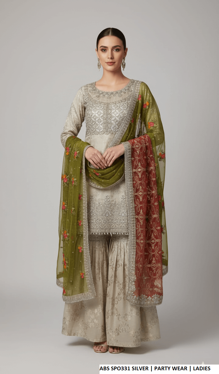 Pakistani women's silver chiffon straight shirt plazo back view