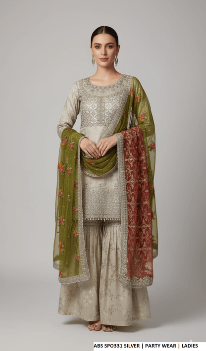 Pakistani women's silver chiffon straight shirt plazo back view