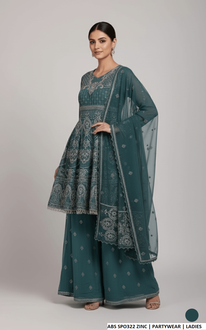 Pakistani women's zinc grey chiffon straight shirt plazo back view