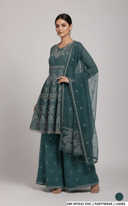 Pakistani women's zinc grey chiffon straight shirt plazo back view