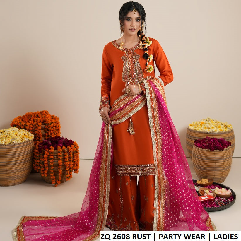 ZQ 2608 RUST - Rust Raw Silk Straight 3-Piece Women's Pakistani Suit