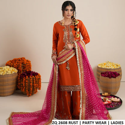 ZQ 2608 RUST - Rust Raw Silk Straight 3-Piece Women's Pakistani Suit