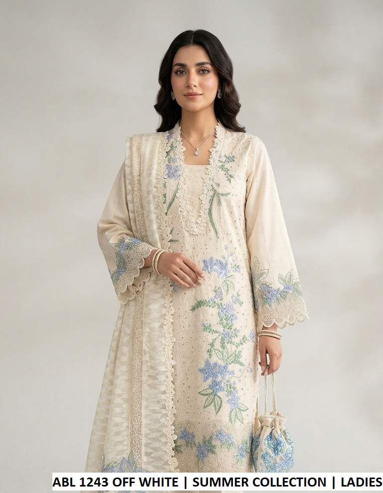 Cotton A-Line shirt off white - Pakistani women's casual outfit with khadi net dupatta front view