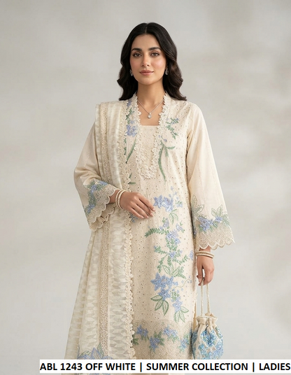 Cotton A-Line shirt off white - Pakistani women's casual outfit with khadi net dupatta front view