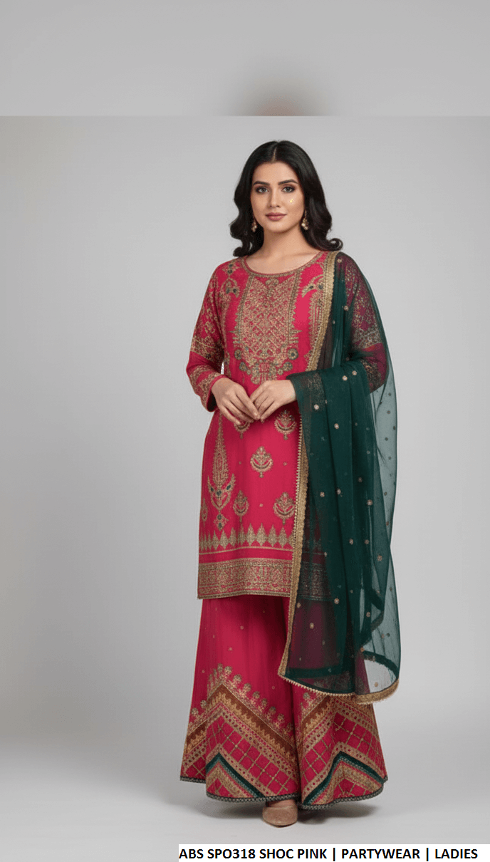 Pakistani women's shocking pink chiffon straight shirt back view