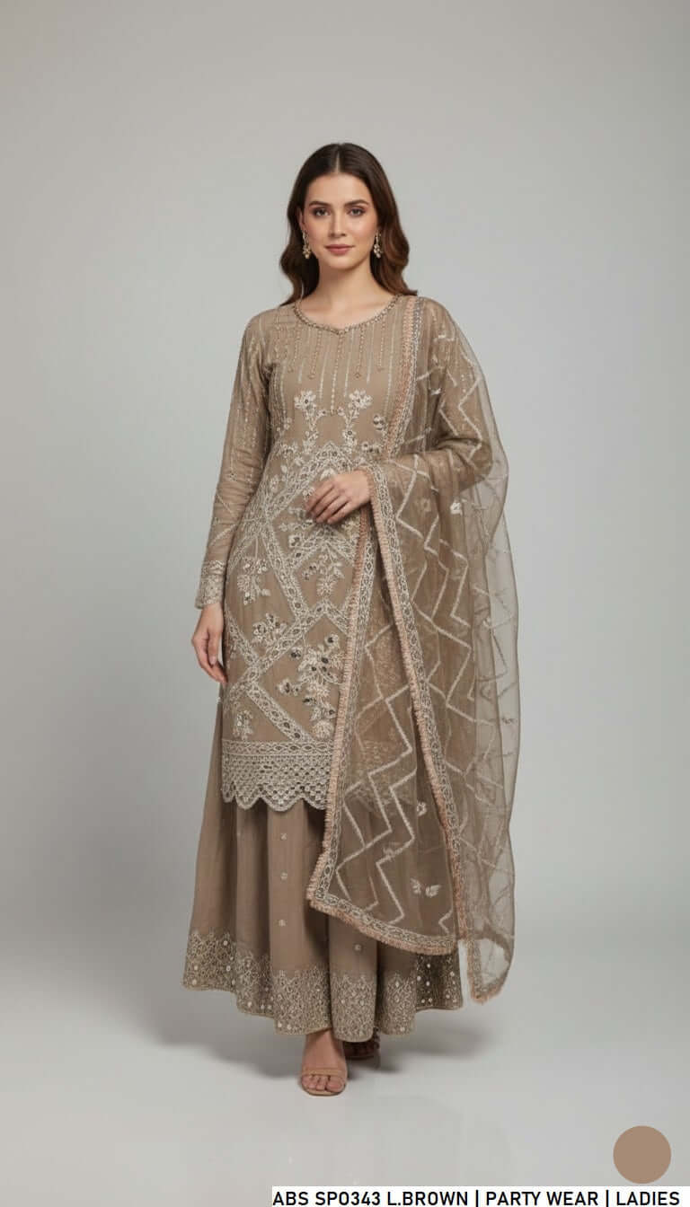 Chiffon straight shirt garara light brown - Pakistani women's party wear with chiffon dupatta front view