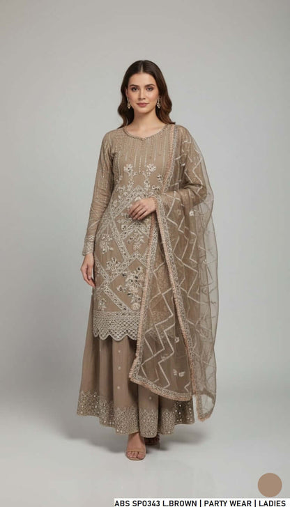 Chiffon straight shirt garara light brown - Pakistani women's party wear with chiffon dupatta front view