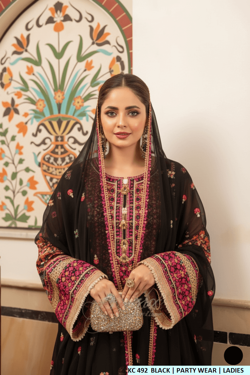 Black silk Pakistani women's long A-Line shirt with plazo side view