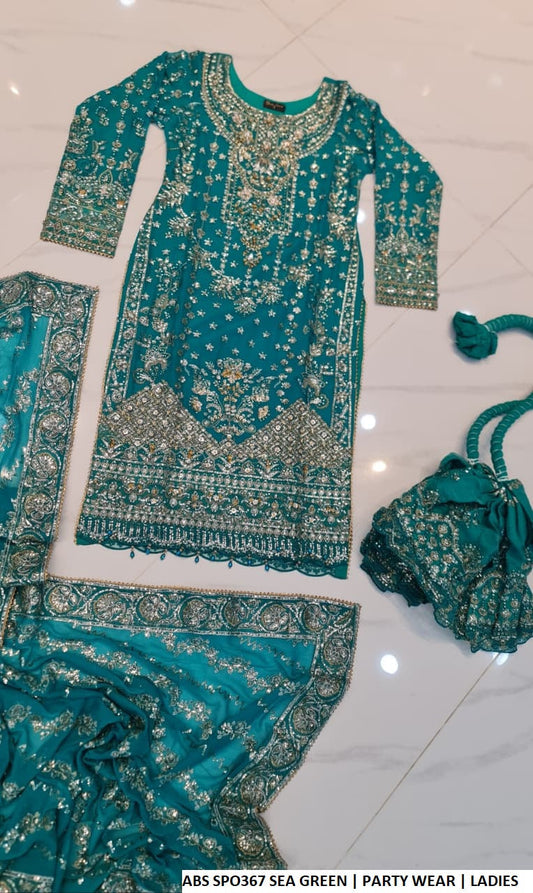 Chiffon straight shirt crush plazo sea green - Pakistani women's party wear with viscose crush plazo and chiffon dupatta front view