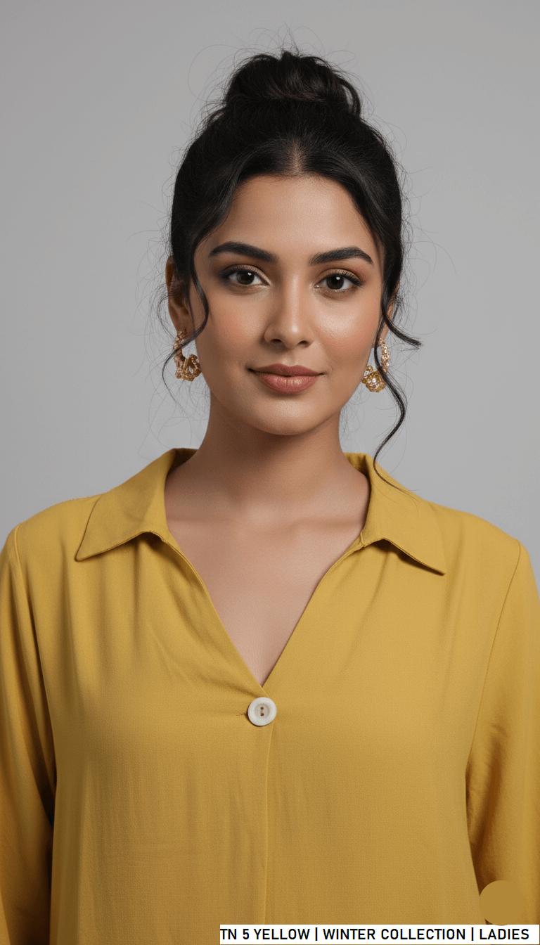 Yellow jacquard Pakistani women's short shirt with plazo side view