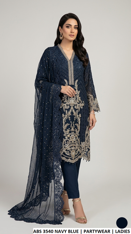 ABS 3540 NAVY BLUE - Navy Blue Chiffon A-Line 3-Piece Women's Pakistani Suit