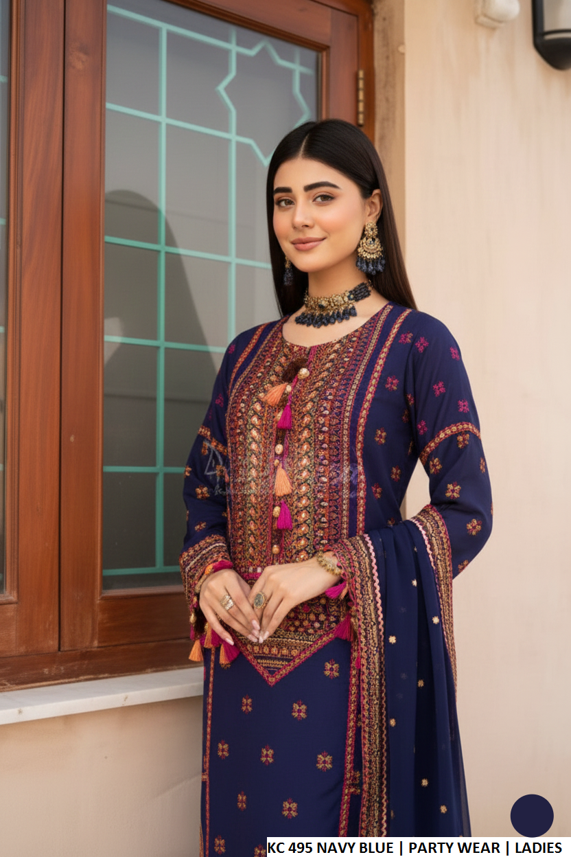 Navy blue silk Pakistani women's long shirt with plazo side view