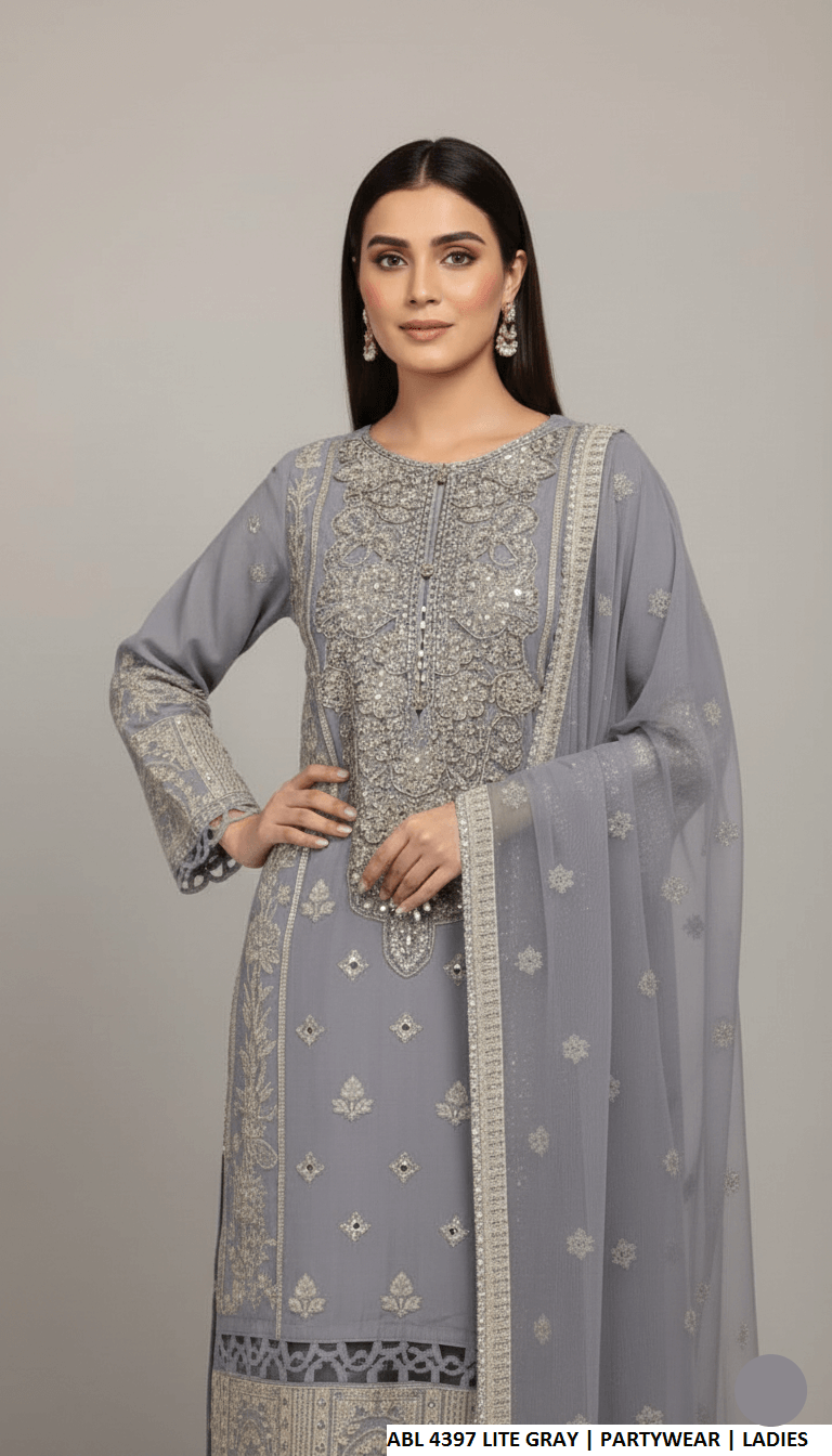 Pakistani women's light grey chiffon straight shirt detail view