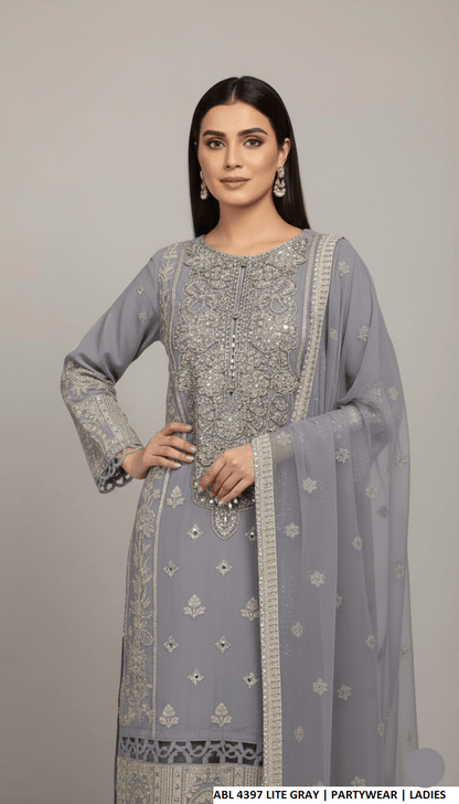 Pakistani women's light grey chiffon straight shirt detail view