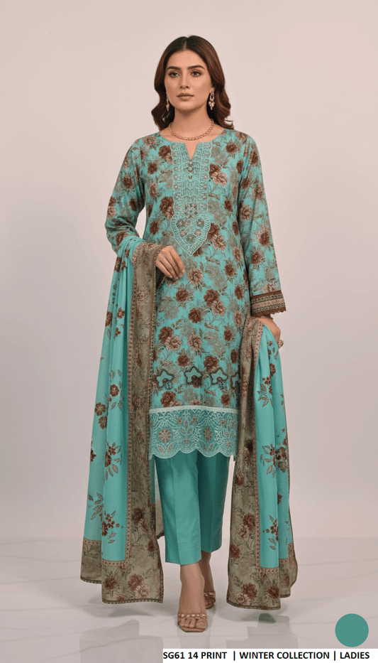 Lawn A-Line printed shirt - Pakistani women's casual summer outfit with cotton trouser and soft net dupatta front view