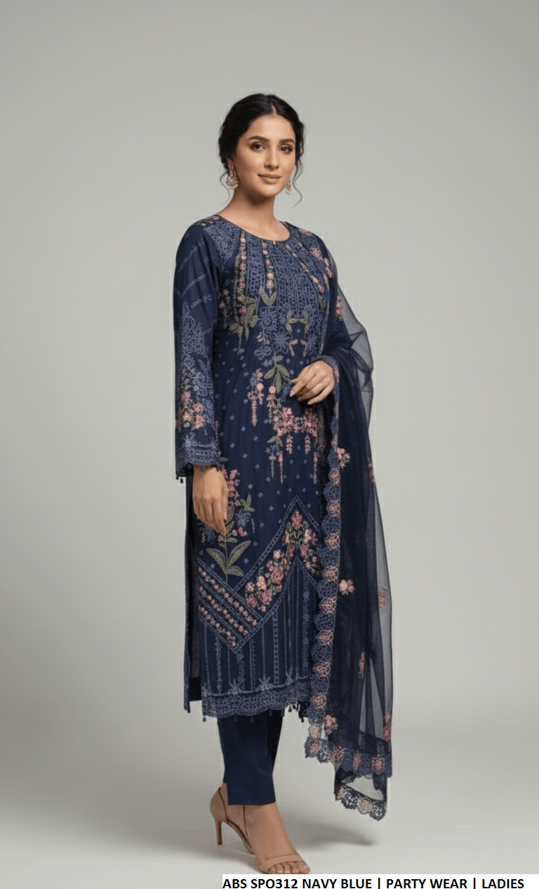 Pakistani women's navy blue chiffon straight shirt plazo back view