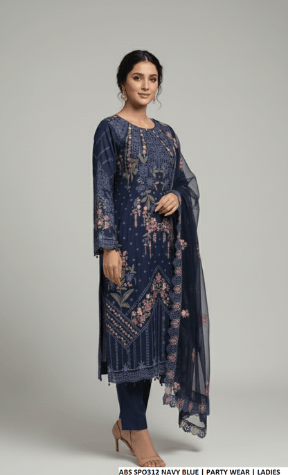 Pakistani women's navy blue chiffon straight shirt plazo back view