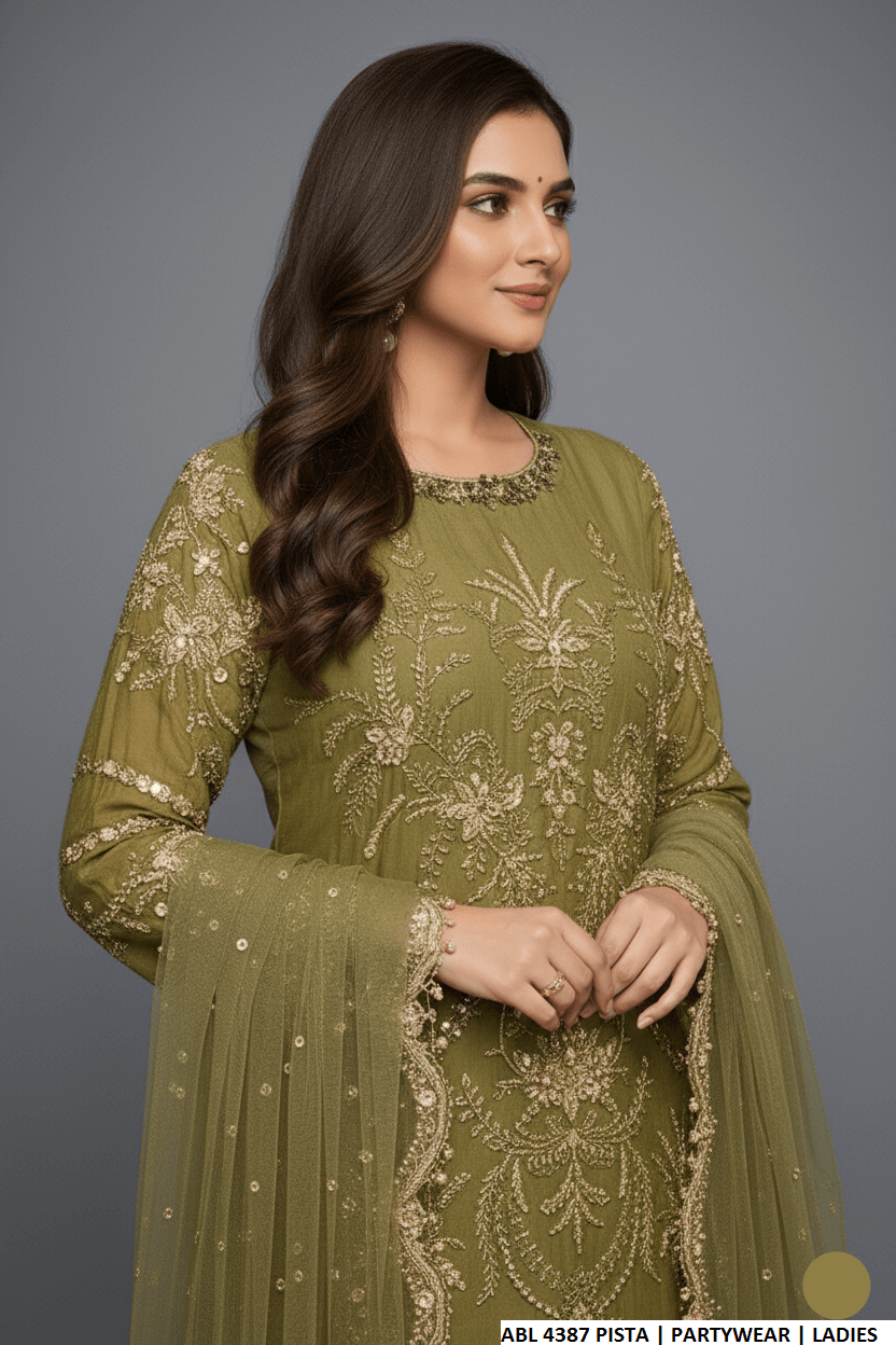 Pista green organza Pakistani women's straight shirt side view