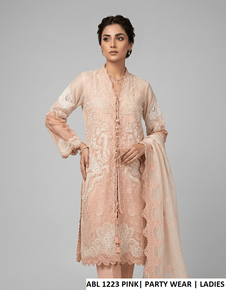 Paper cotton open gown plazo ABL 1223 TEA PINK - Pakistani women's festive outfit with paper cotton dupatta front view