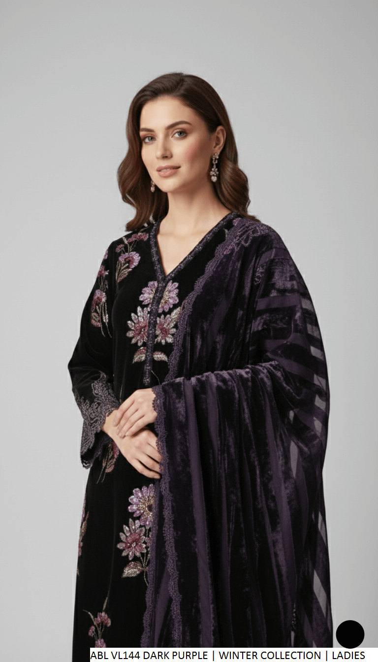 Pakistani women's dark purple velvet A-Line shirt back view