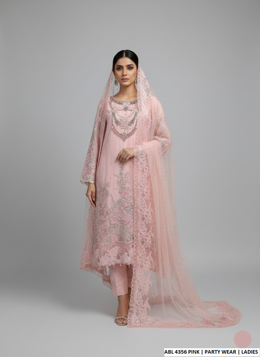Organza straight shirt pink - Pakistani women's elegant formal wear with viscose trouser and organza dupatta front view
