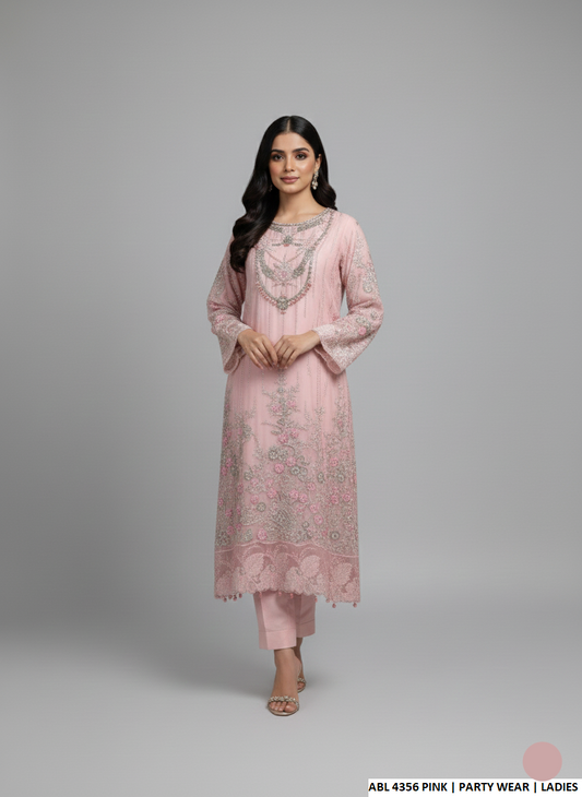 Pink organza Pakistani women's straight shirt side view