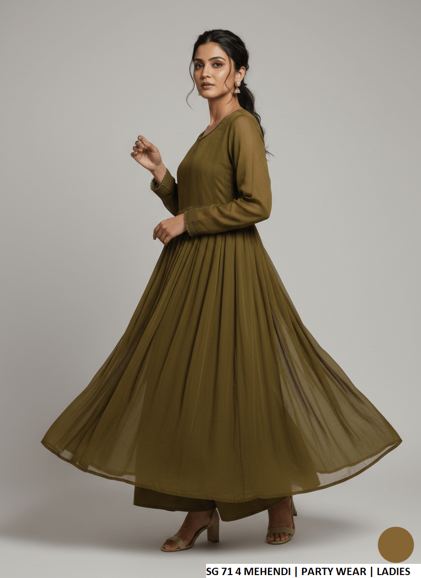 Pakistani women's mehendi green chiffon long frock back view