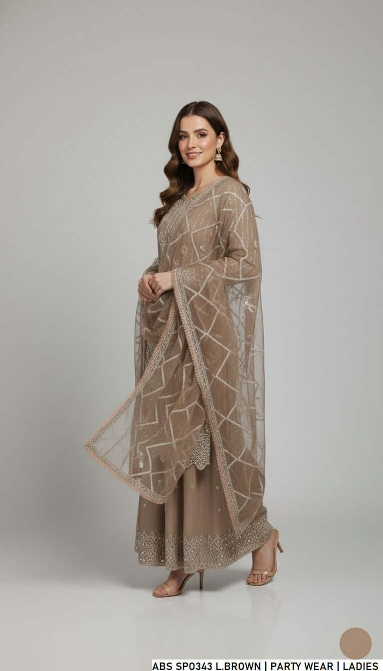 Pakistani women's light brown chiffon straight shirt garara detail view