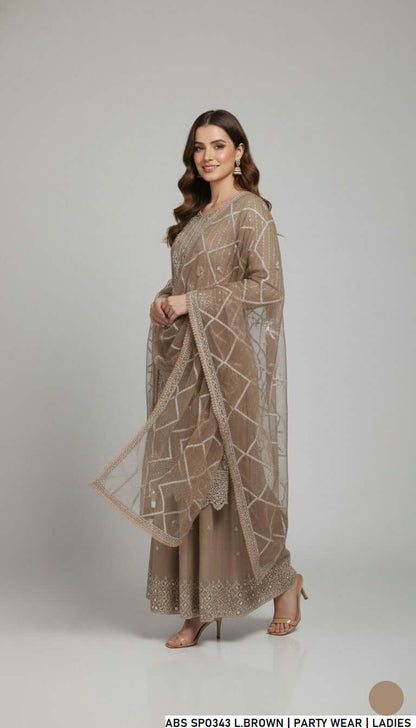 Pakistani women's light brown chiffon straight shirt garara detail view