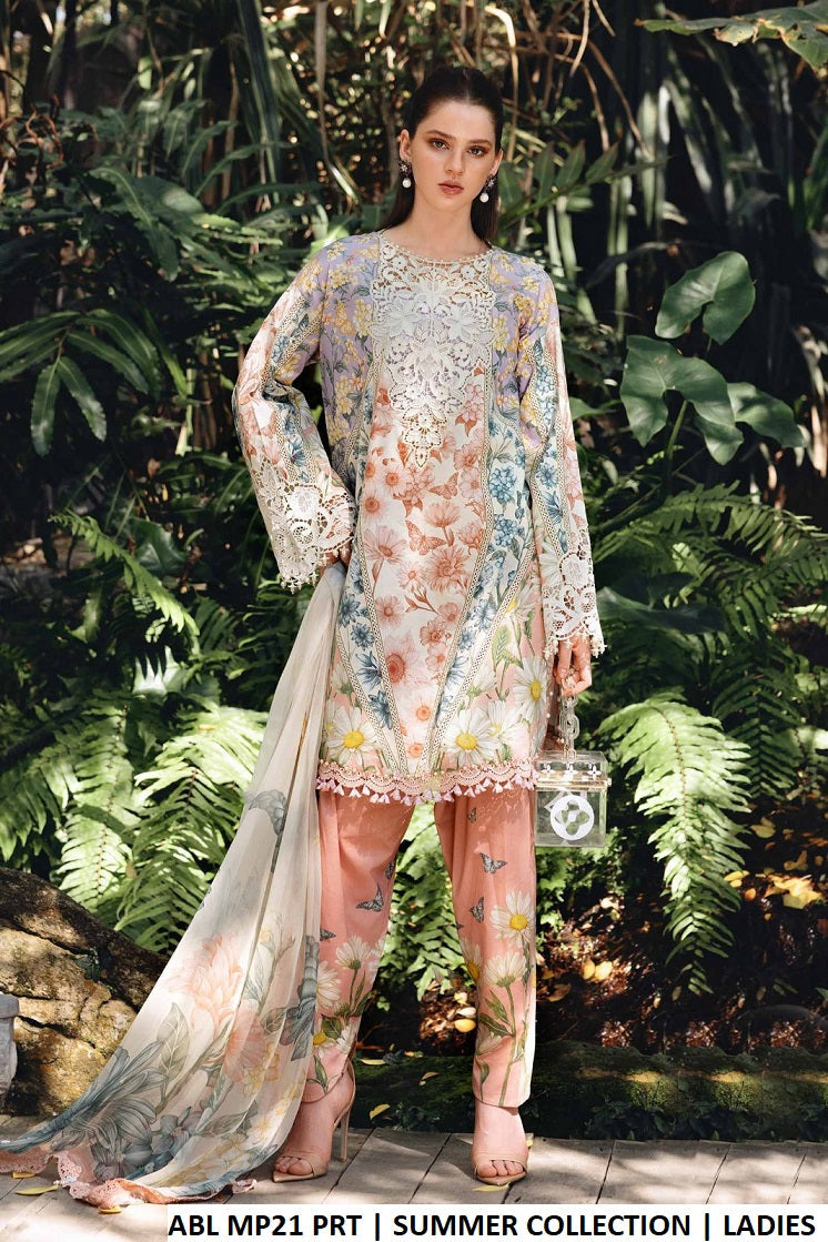 Poly lawn short printed shirt - Pakistani women's casual summer outfit with digital print silk dupatta front view