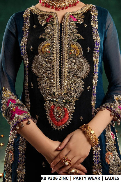 Zinc grey crinkle chiffon Pakistani women's straight shirt with sharara side view