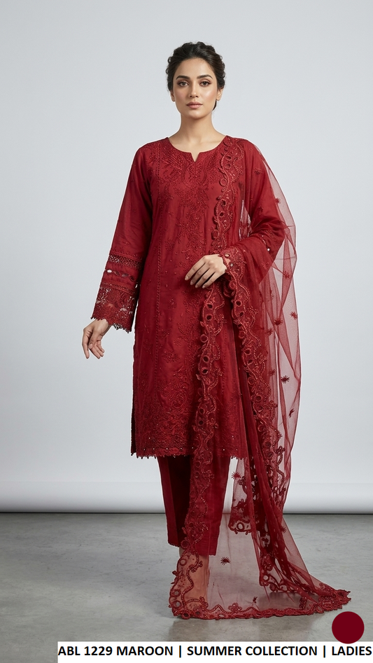 Cotton A-Line shirt plazo ABL 1229 MAROON - Pakistani women's casual outfit with organza karandi dupatta front view