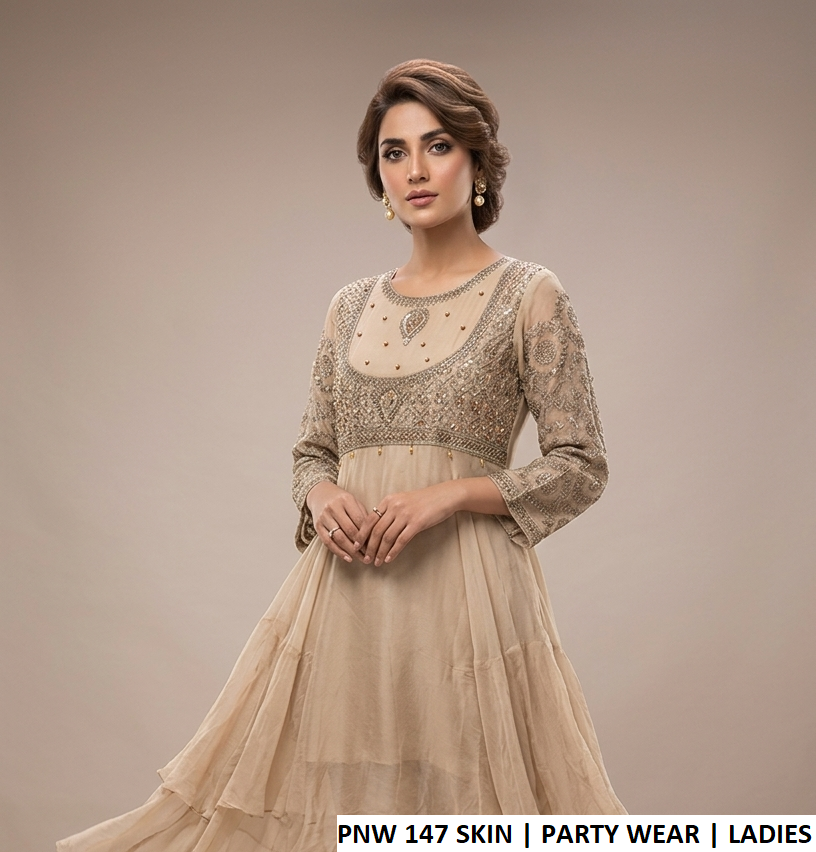 Chiffon short frock skin - Pakistani women's elegant casual wear with grip trouser and chiffon dupatta front view