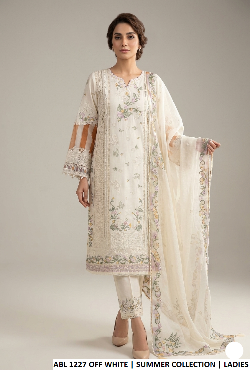 Cotton A-Line shirt plazo off white - Pakistani women's elegant casual outfit with organza karandi dupatta front view