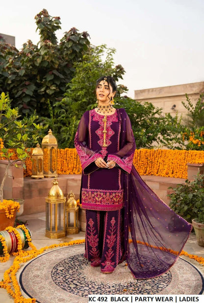 Silk long A-Line shirt plazo purple - Pakistani women's luxury formal wear with silk dupatta front view
