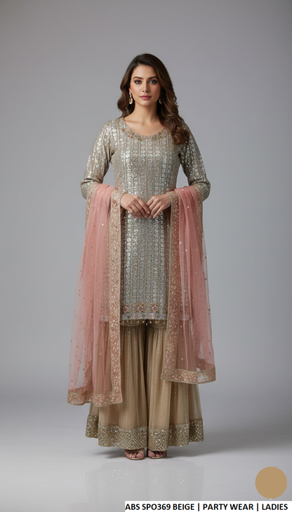 Chiffon straight shirt plazo beige - Pakistani women's formal party wear with viscose plazo and soft net dupatta front view
