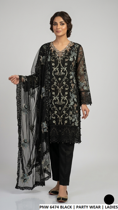 Chiffon straight shirt plazo black - Pakistani women's elegant party wear with viscose trouser and chiffon dupatta front view