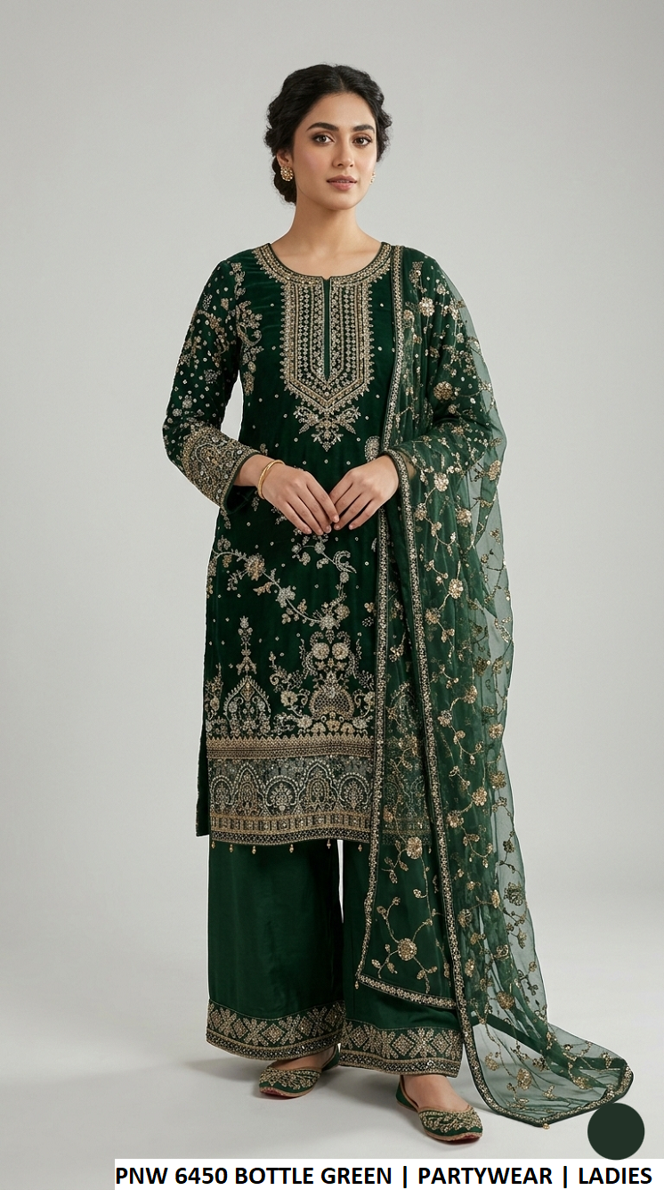 Chiffon straight shirt plazo bottle green - Pakistani women's party wear with grip trouser and chiffon dupatta front view