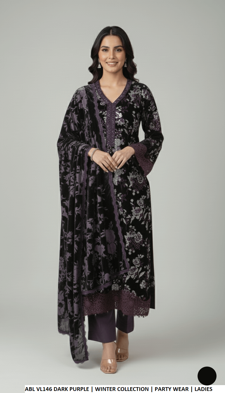 Velvet A-Line shirt dark purple - Pakistani women's winter formal wear with grip trouser and palachi shawl front view