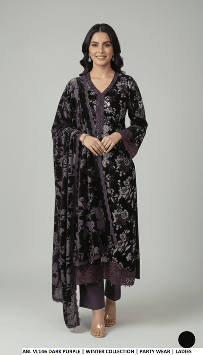 Velvet A-Line shirt dark purple - Pakistani women's winter formal wear with grip trouser and palachi shawl front view