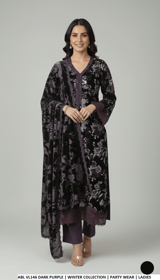 Velvet A-Line shirt dark purple - Pakistani women's winter formal wear with grip trouser and palachi shawl front view