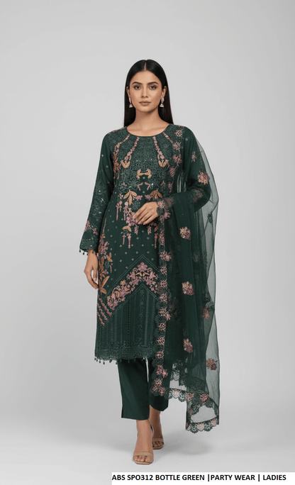 Chiffon straight shirt plazo bottle green - Pakistani women's party wear with viscose plazo and chiffon dupatta front view
