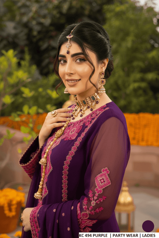 Purple silk Pakistani women's long A-Line shirt with plazo side view
