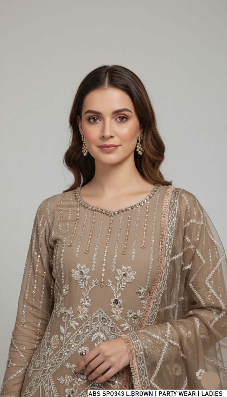 Light brown chiffon Pakistani women's straight shirt with garara side view